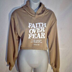 SHEIN Faith Over Fear cropped hoodie, Tan and white, size Large